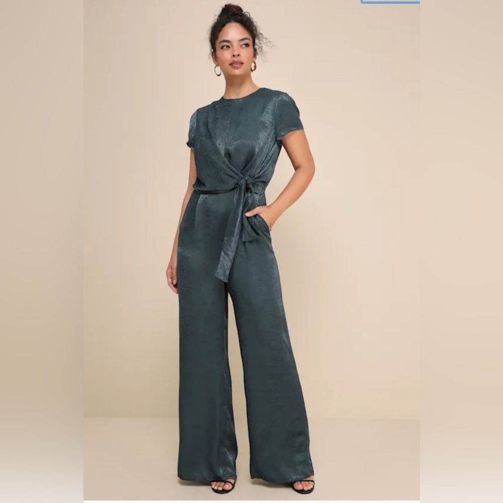 Lulus Let Me Entertain You Dark Green Satin Wide-Leg Jumpsuit XS